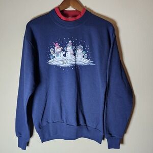 Vintage Snowman Sweatshirt Womens M NavyWinter Holiday Collar Grandmacore
